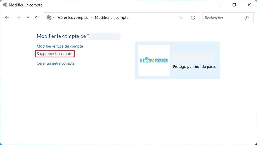 Supprimer le compte via le Panneau de configuration