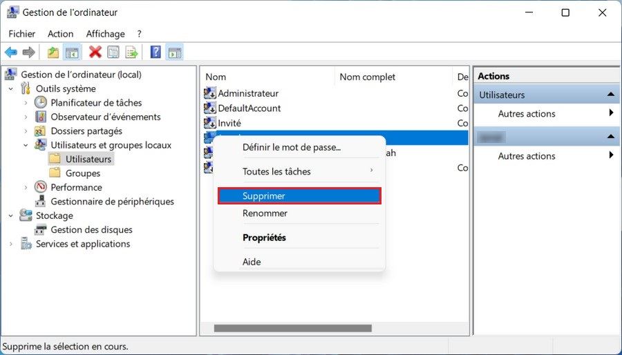 Supprimer un compte utilisateur avec la Gestion de l'ordinateur