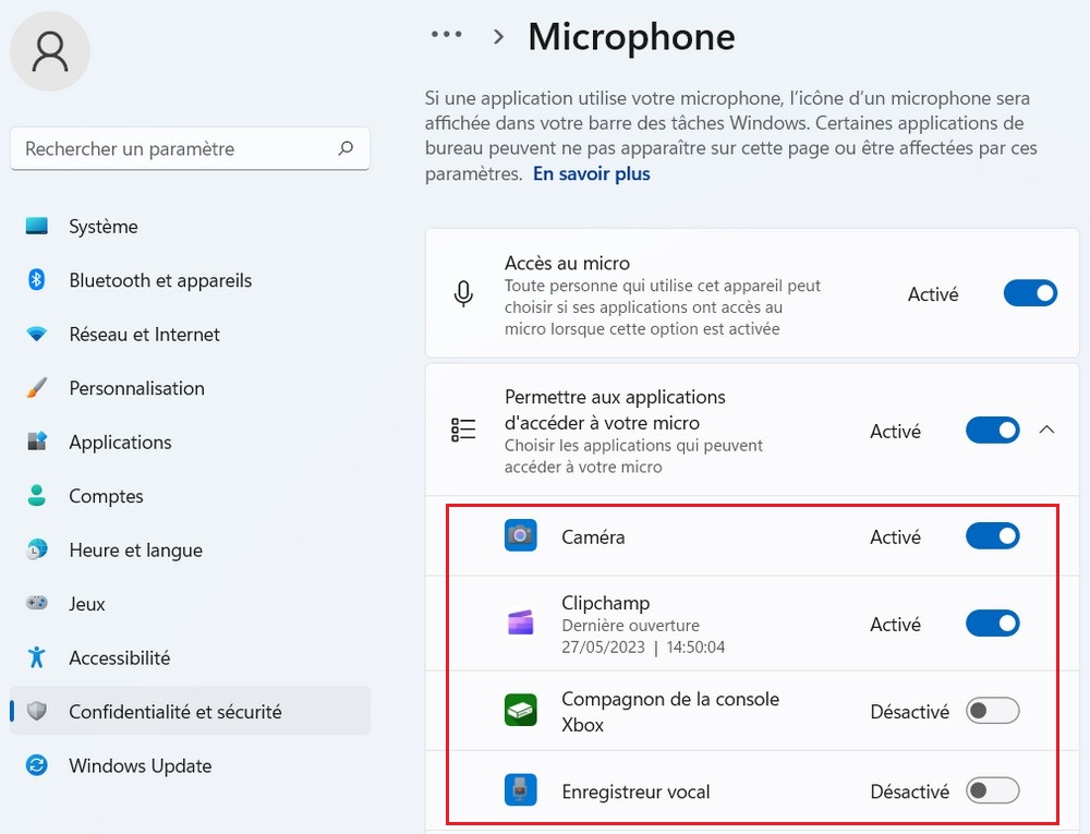 Autoriser les applications à accéder à votre micro