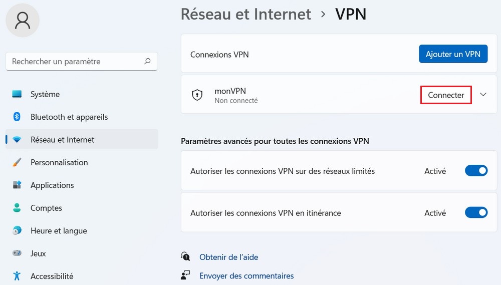 Connecter le serveur VPN sur Windows 11