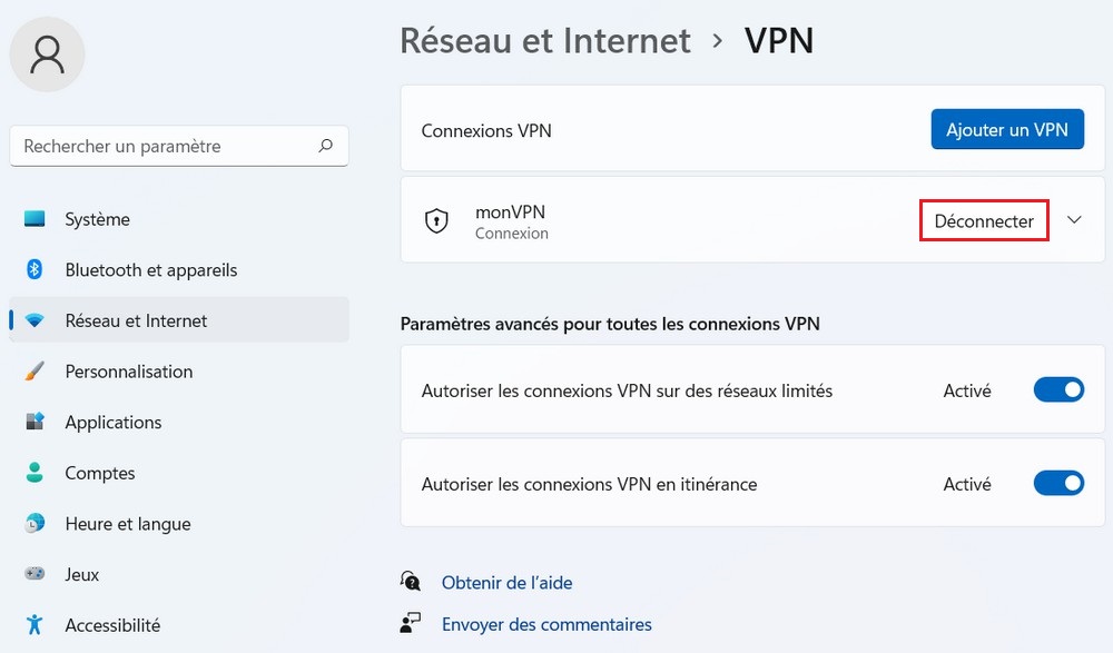 Déconnecter le serveur VPN sur Windows 11