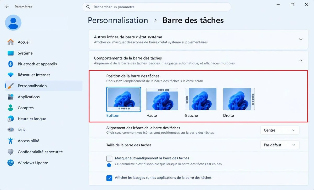 Déplacer la barre des tâches vers le haut, à gauche ou à droite