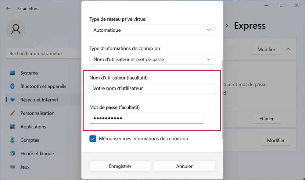 Modifier les identifiants de connexion VPN