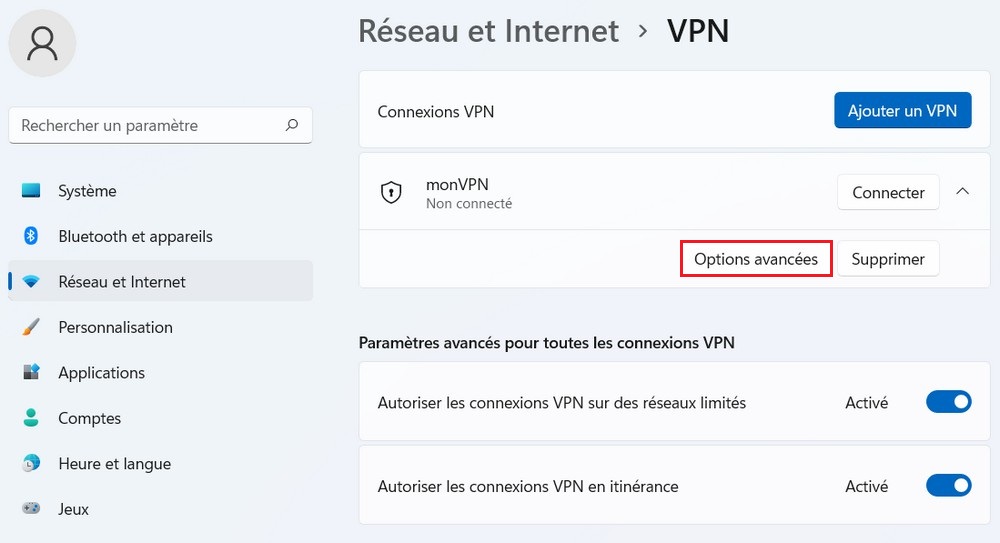 Options avancées VPN