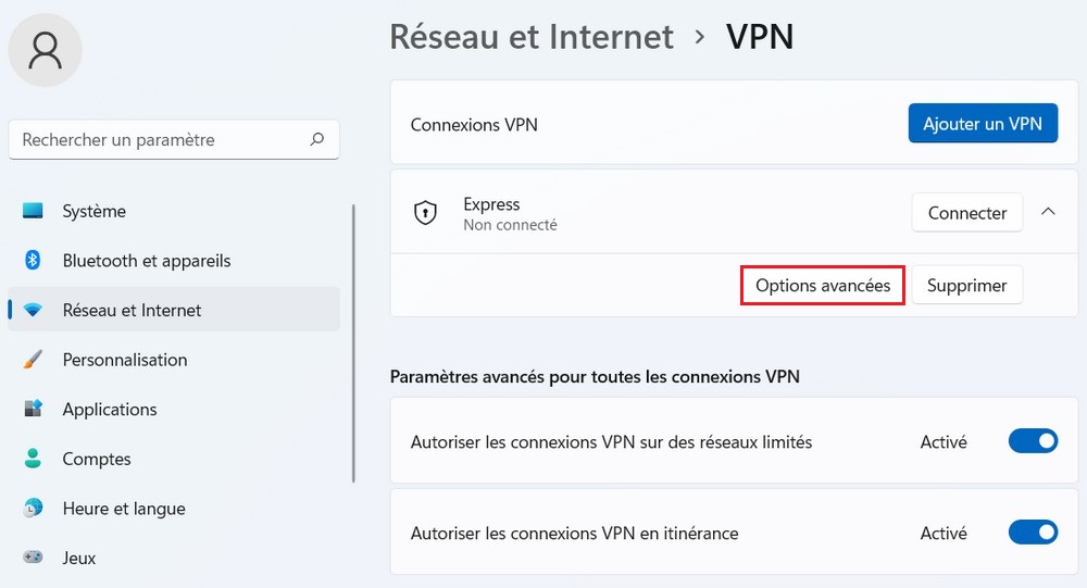 Options avancées de VPN
