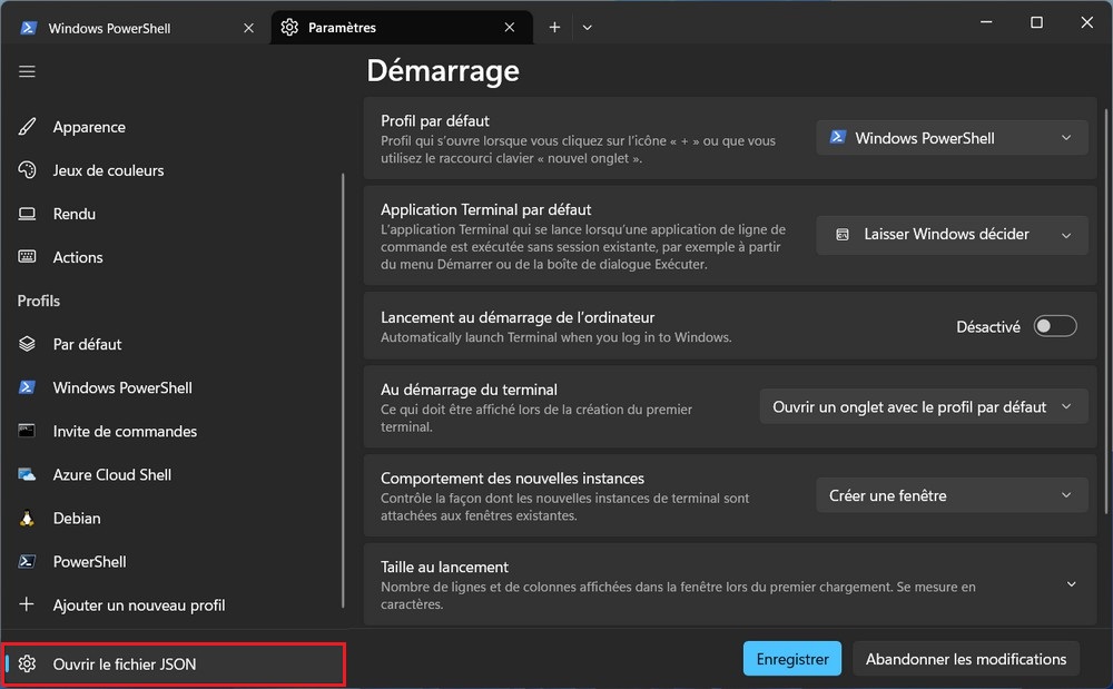 Paramètres Terminal Windows