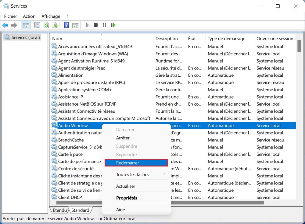Redémarrer les services audio Windows