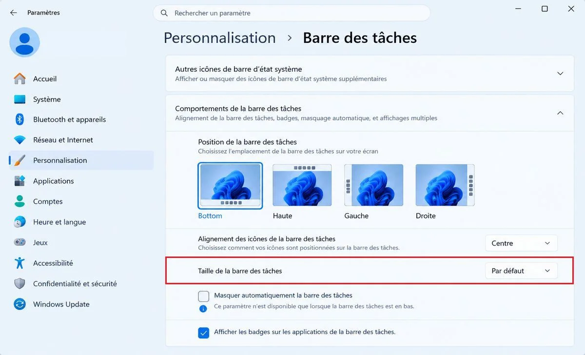 Réduire la taille de la barre des tâches