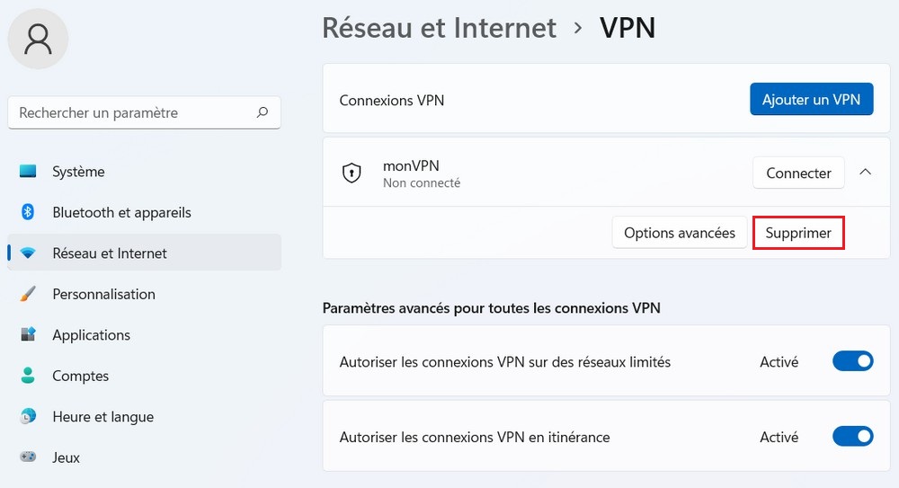 Supprimer une connexion VPN