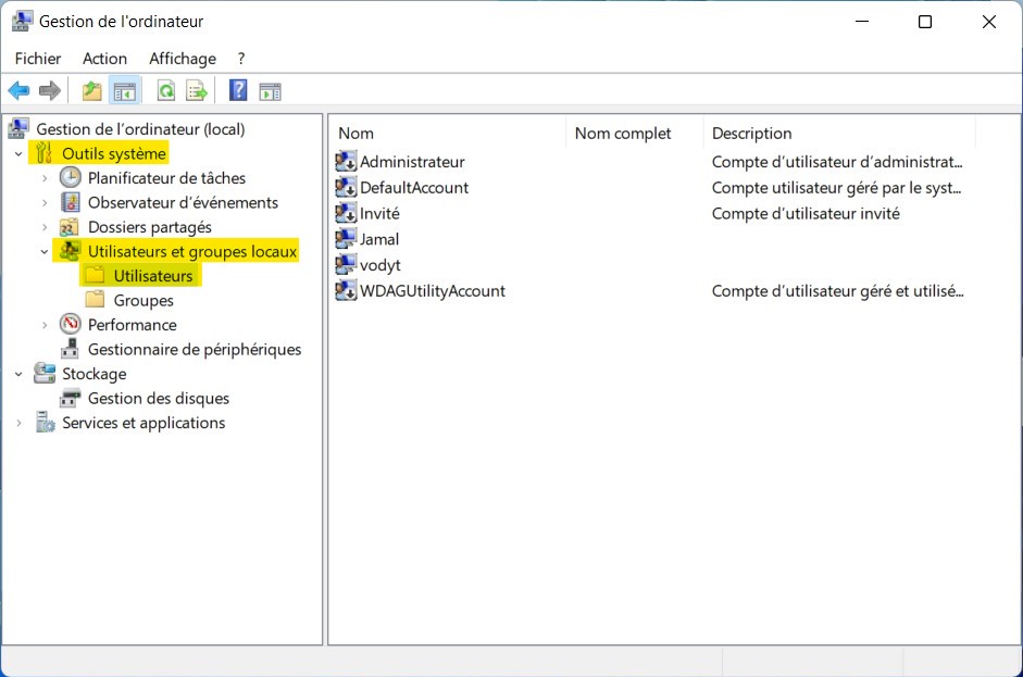 Afficher tous les comptes d'utilisateurs avec Gestion de l'ordinateur