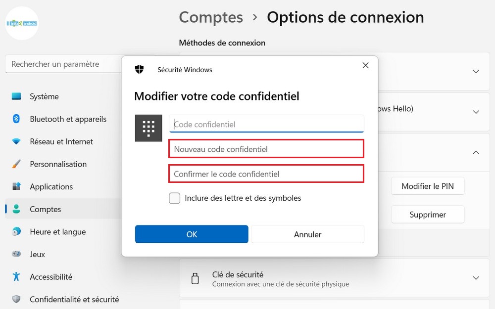 Changer le code PIN de Windows 11