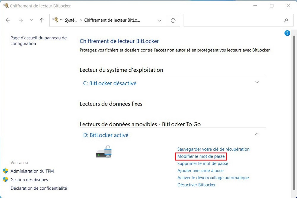 Cliquez sur Modifier le mot de passe