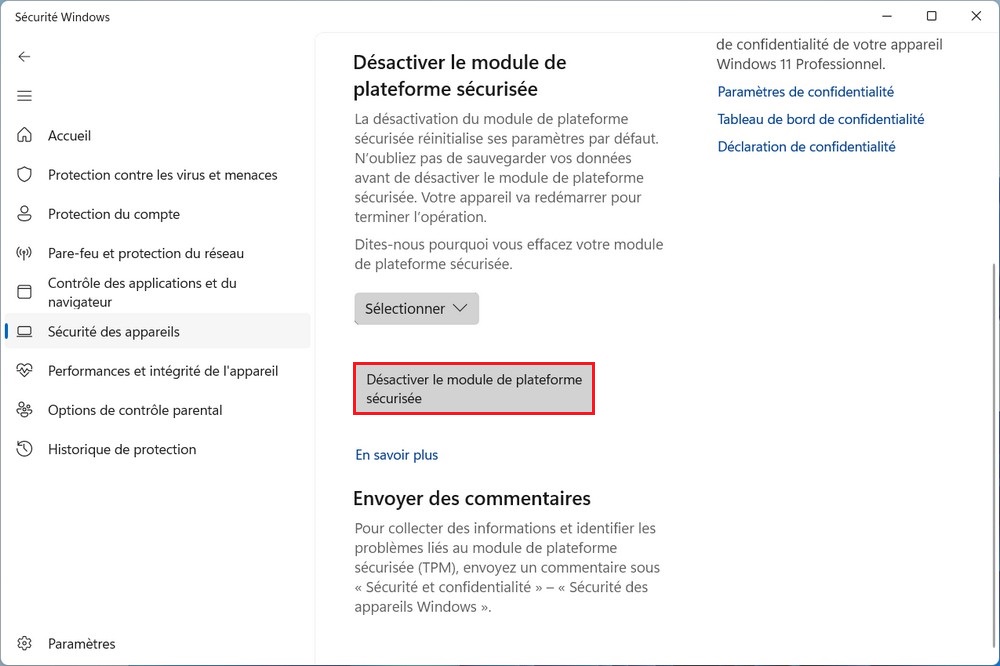 Désactiver le module de plateforme sécurisée