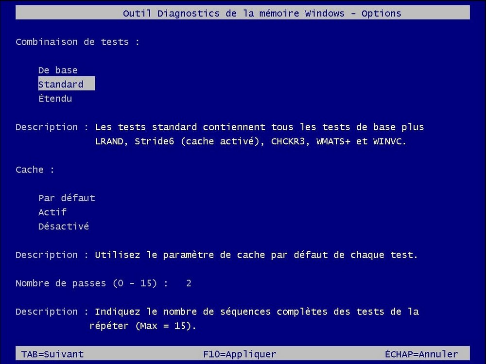 Diagnostic de la mémoire le mode standard