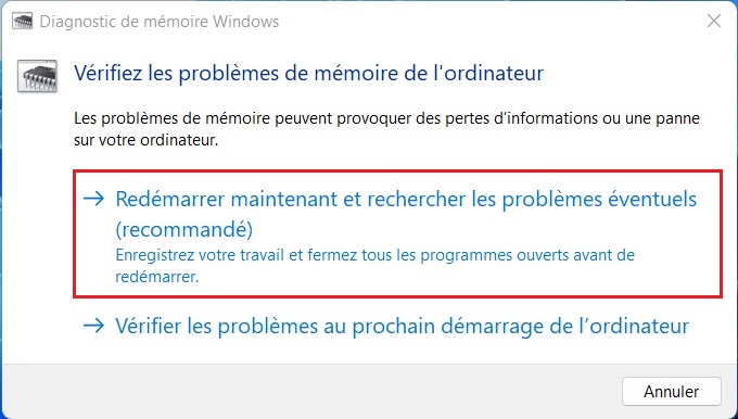 Diagnostic de la mémoire sur Windows 11