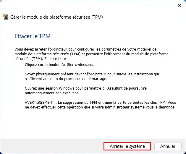Effacer le TPM sur Windows 11