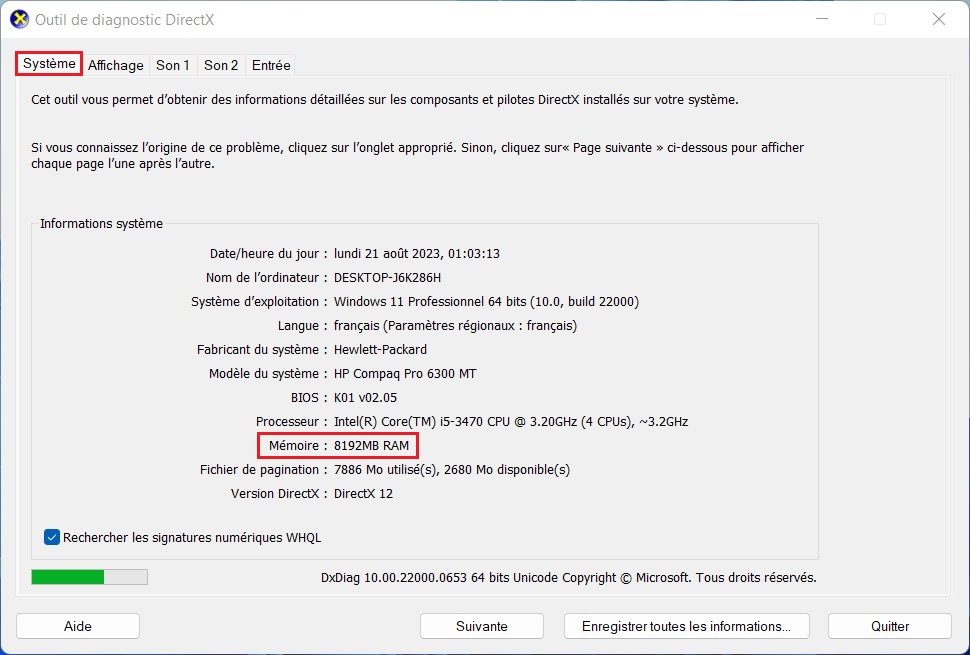 L'outil de diagnostic DirectX