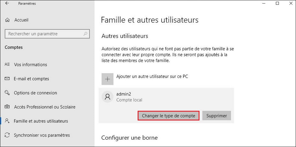 Modifier le type de compte local