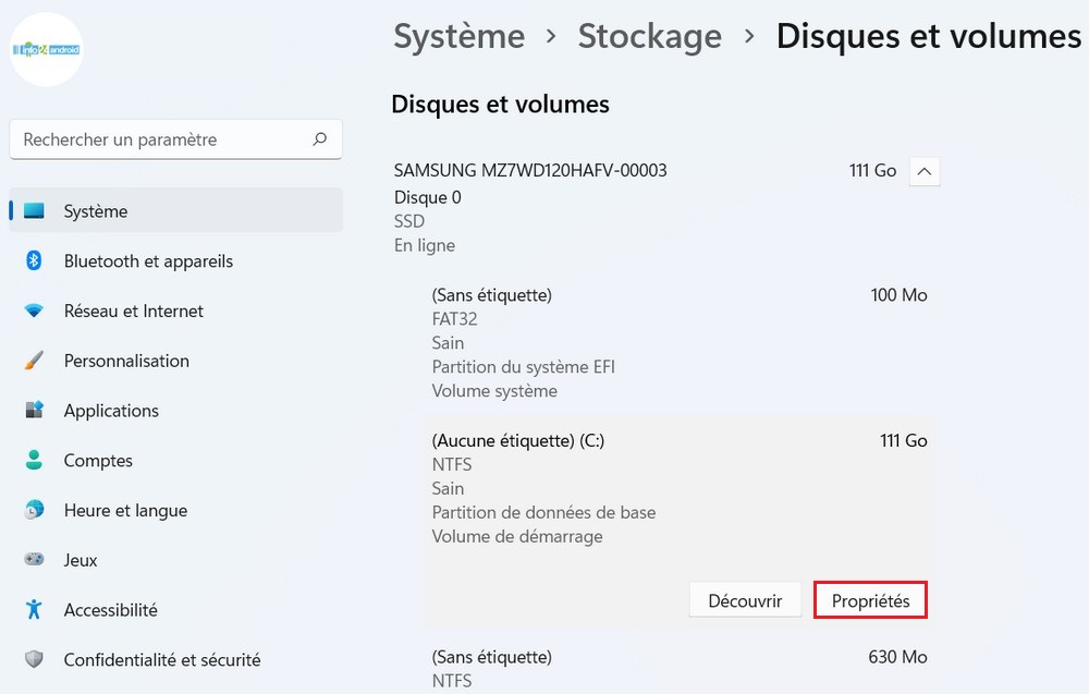 Paramètres Disques et volumes