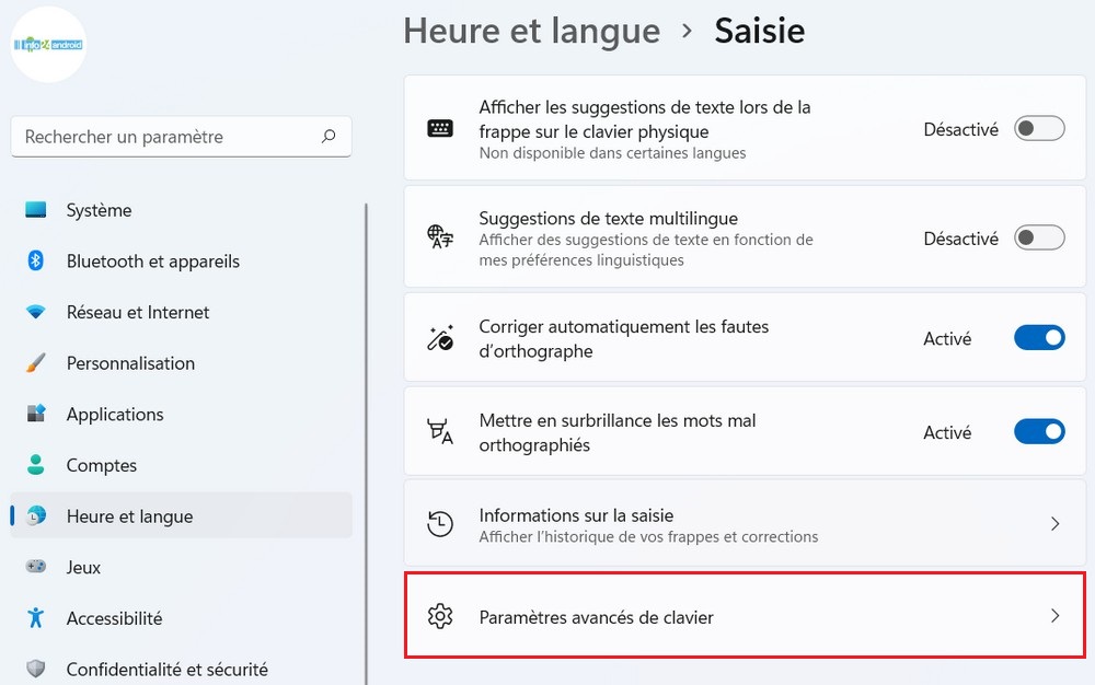Paramètres avancés de clavier