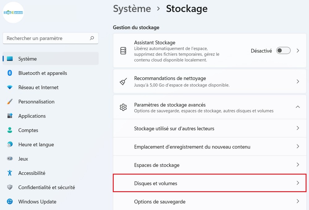 Paramètres de stockage avancés