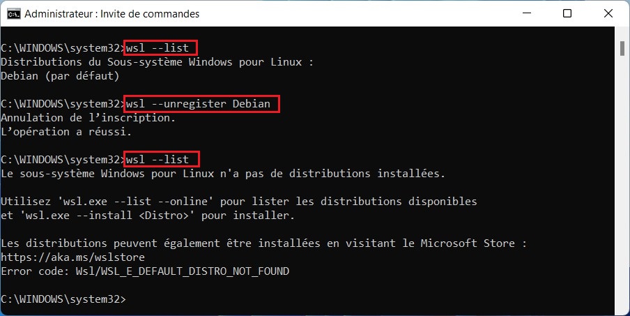 Réinitialiser la distribution Linux WSL à partir de l'invite de commande