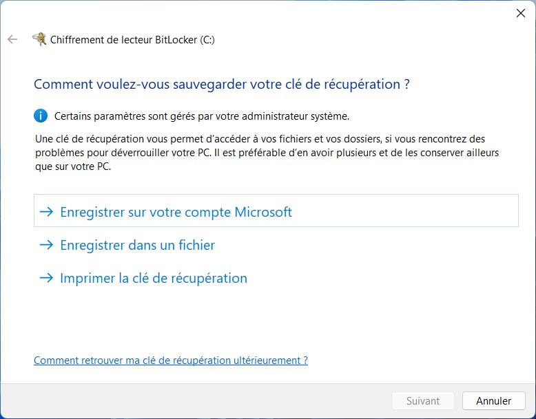 Sauvegarder votre clé de récupération BitLocker