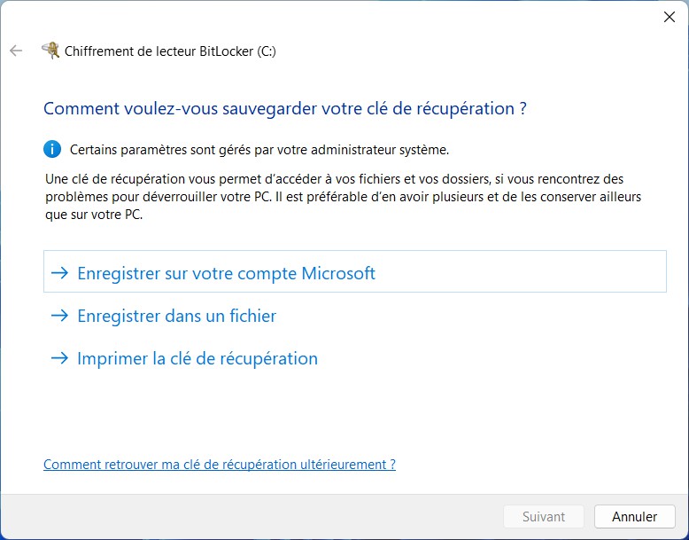 Sauvegarder votre clé de récupération BitLocker