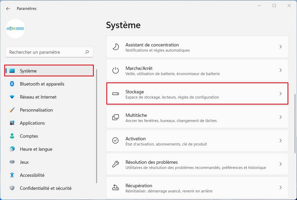 Sélectionnez l'option Stockage
