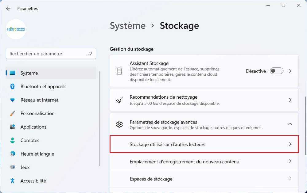 Stockage utilisé sur d'autres lecteurs