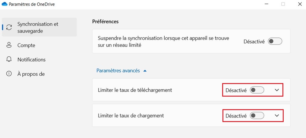 Supprimer la limite de téléchargement et de chargement OneDrive