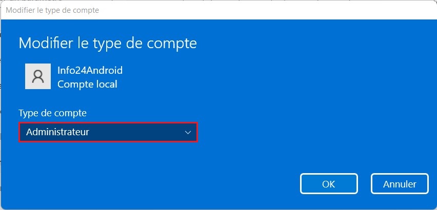 Type de compte Windows 11