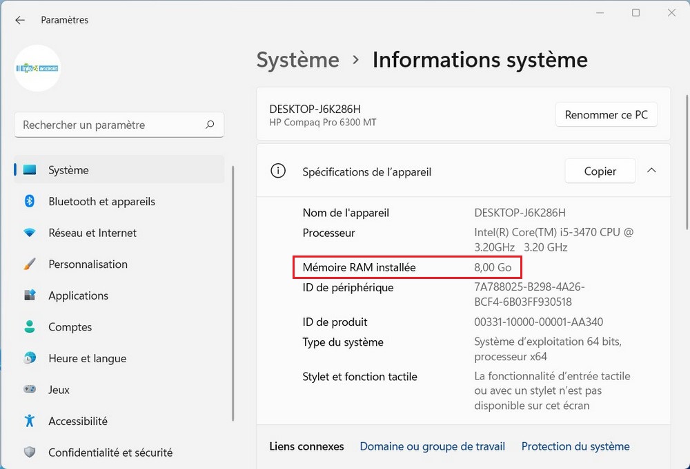 Vérifier les spécifications de la RAM