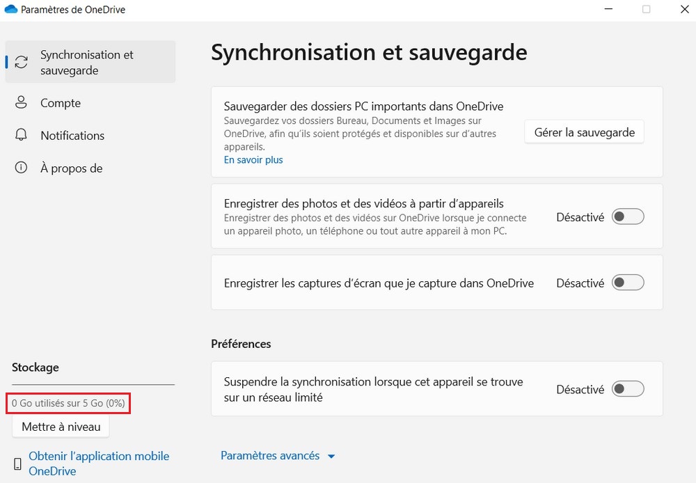 Vérifier l'espace de stockage de votre compte