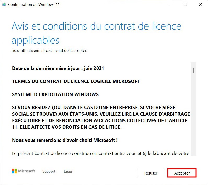 Acceptez les termes du contrat de licence de Windows 11