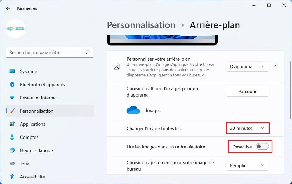 Changer le fond d'écran automatiquement avec le Diaporama