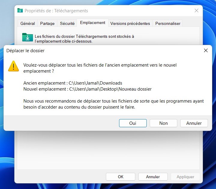 Changer l'emplacement du dossier de téléchargements