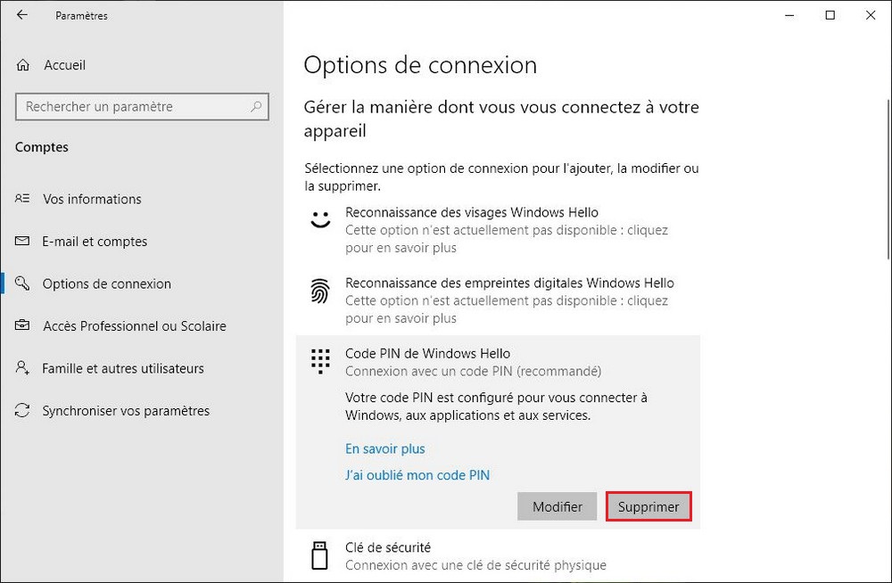 Code PIN de Windows Hello