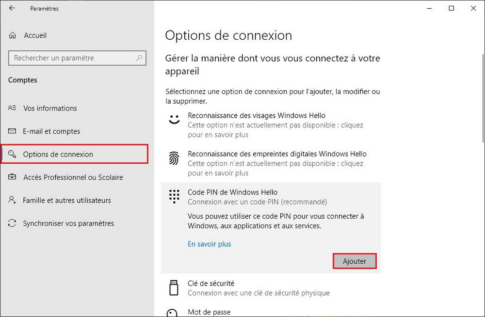 Configurer le Code PIN de Windows Hello