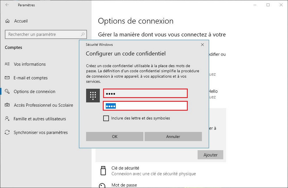 Configurer le code PIN dans Windows 10