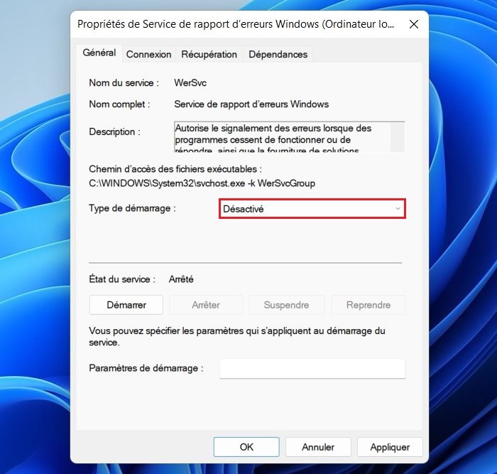 Désactiver le service de rapport d'erreurs Windows