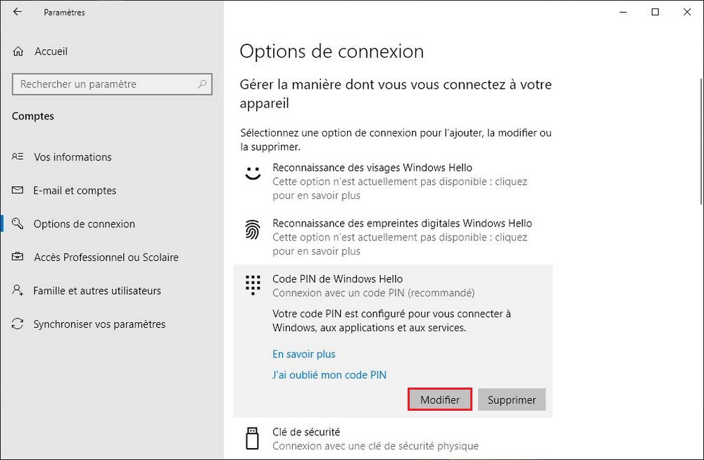 Modifier le code PIN sous Windows 10