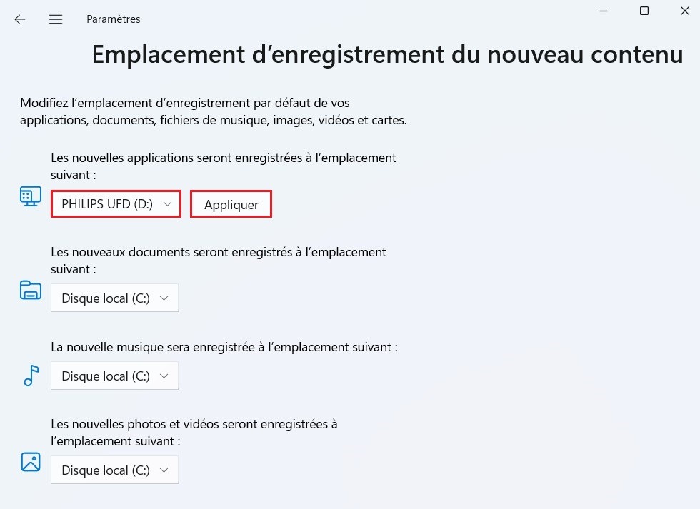 Modifier l'emplacement de téléchargement des applications