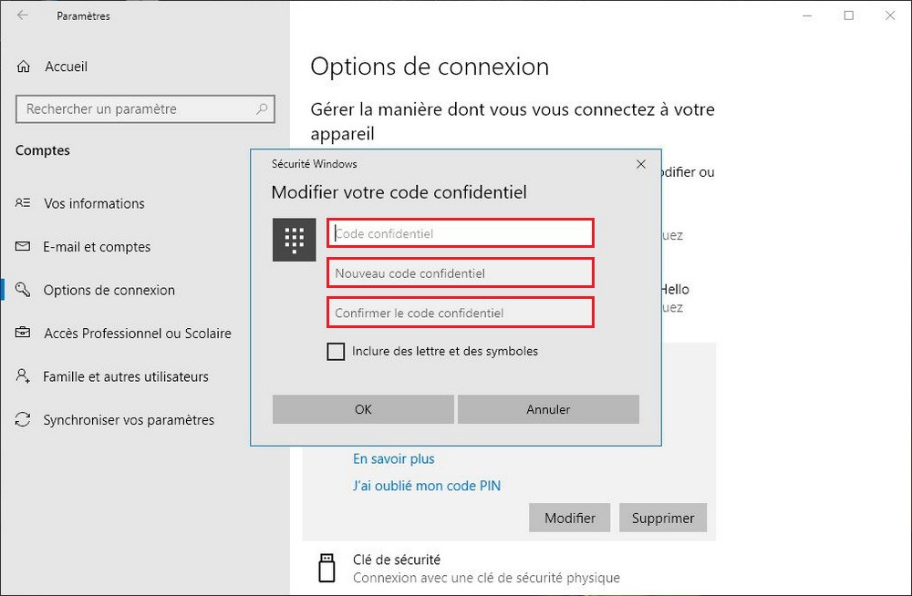 Modifier un code PIN sous Windows 10