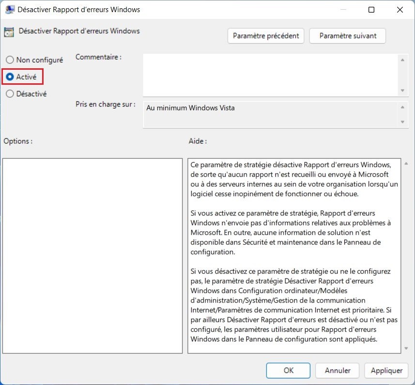 Rapport d'erreurs Windows