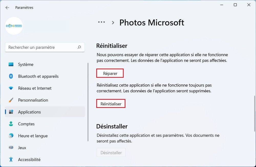 Réparer ou réinitialiser l'application Photos