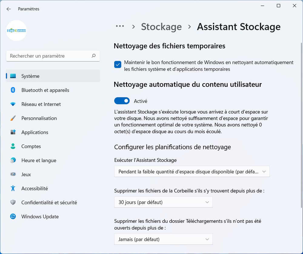 Supprimer automatiquement le cache avec l'Assistant Stockage