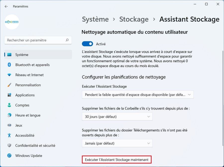 Supprimer les fichiers temporaires avec l'Assistant Stockage