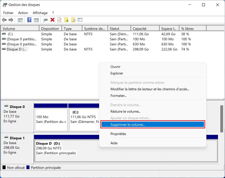 Supprimer une partition de disque avec la gestion des disques