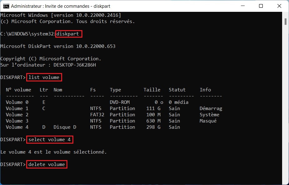 Supprimer une partition de disque avec l'invite de commandes